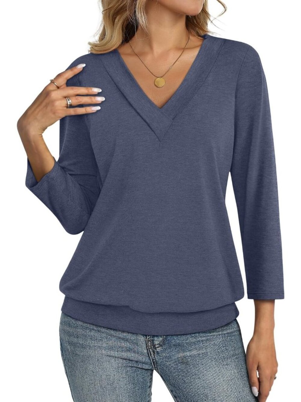 Women's Navy Blue V Neck Cotton Banded Bottom 3/4 Sleeve Shirts Casual Blouses